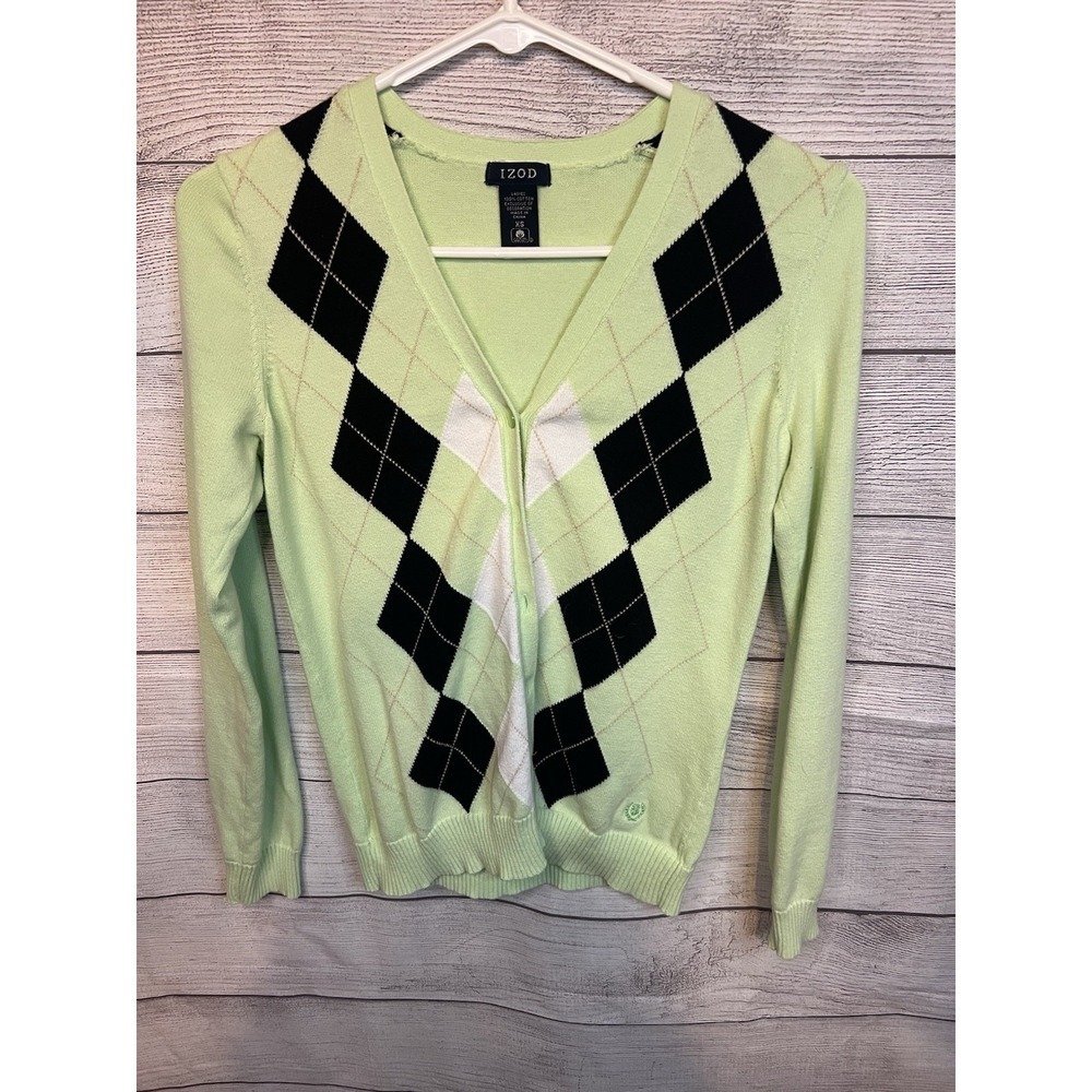 Women's IZOD‎ Argyle Cardigan Sweater Mint Green And Black size XS Button Up